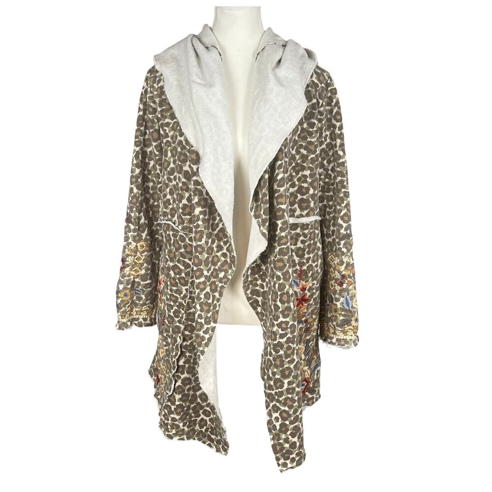Caite Leopard Print Embroidered Hooded Cardigan Cotton French Terry XS Brown